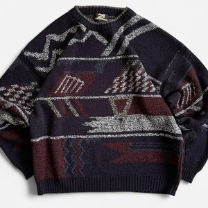 Vintage Rue 21 Retro 80s 90s Geometric Black Multicolored Knit Crewneck Sweater